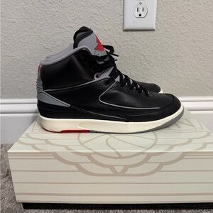 Men's Black and Gray Jordan 2 High-Top Basketball Shoes with Red Accent